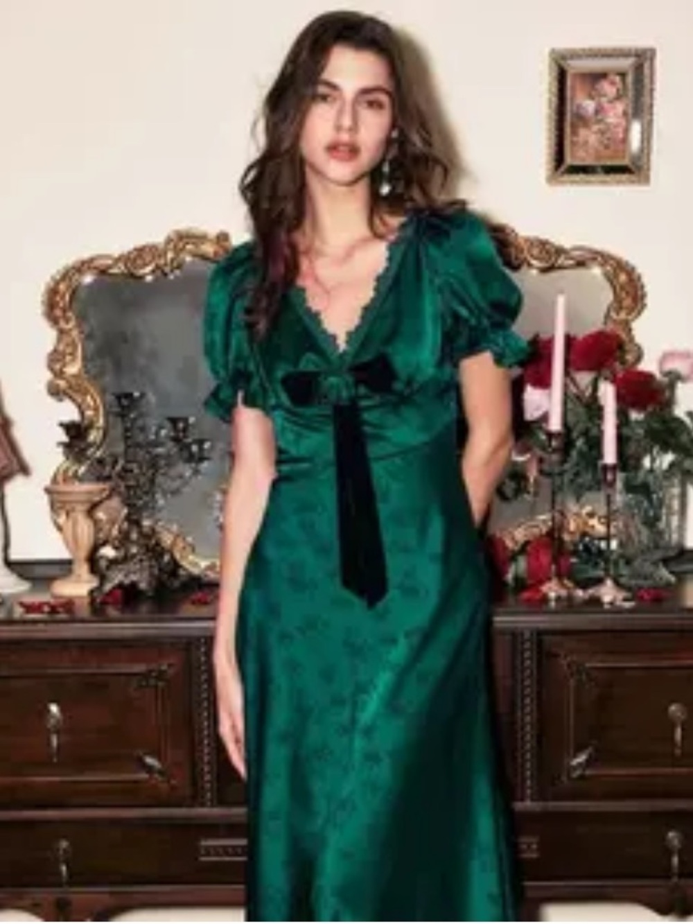 Lait Collection NWT Green Satin Floral Velvet Bow Coquette Puff Sleeve Midi M